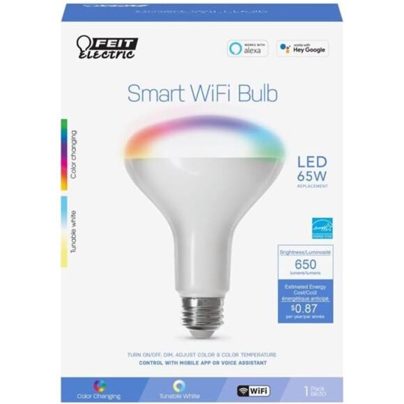 Feit Electric BR30 Smart Flood Light Bulb,2.4GHz WiFi Color Changing - Picture 5 of 6